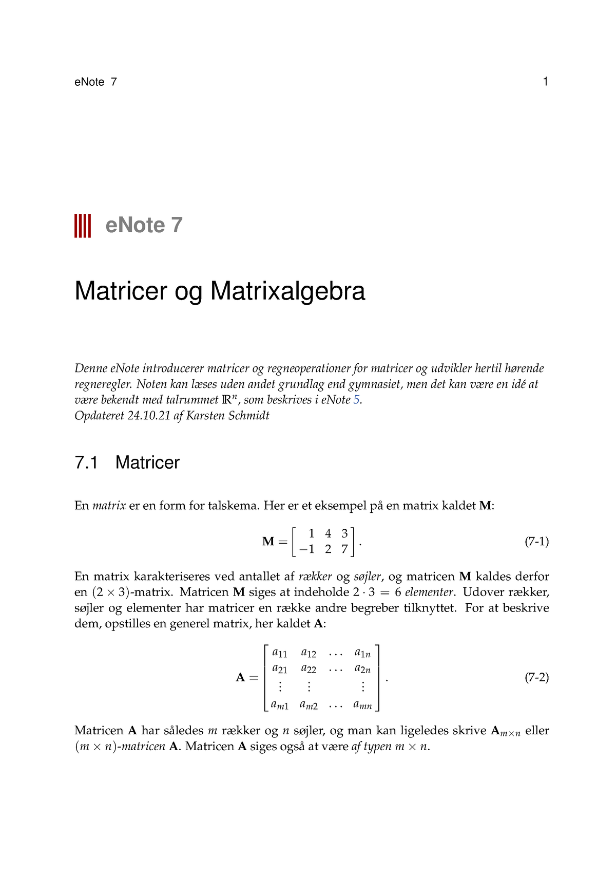 07 - Matricer Og Matrixalgebra Noter - ENote 7 1 ENote 7 Matricer Og ...