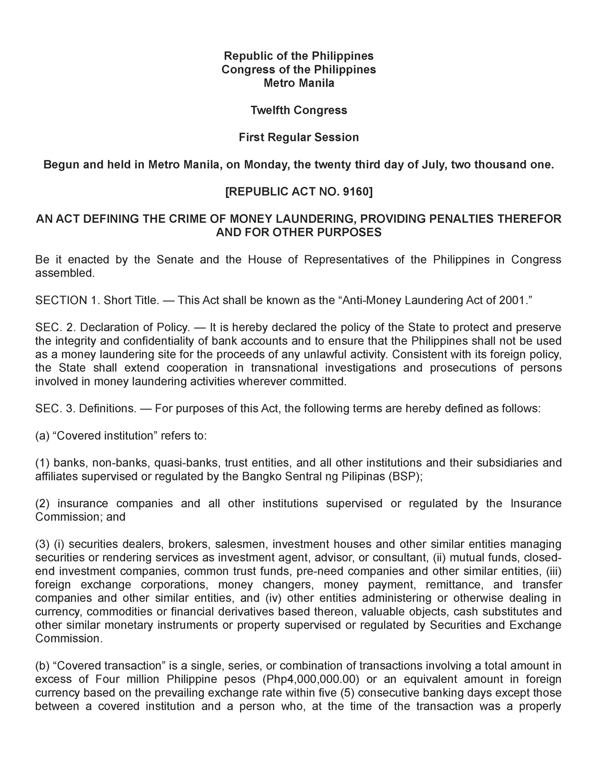 Anti Money Laundering Act Of 2001 - Republic Of The Philippines ...