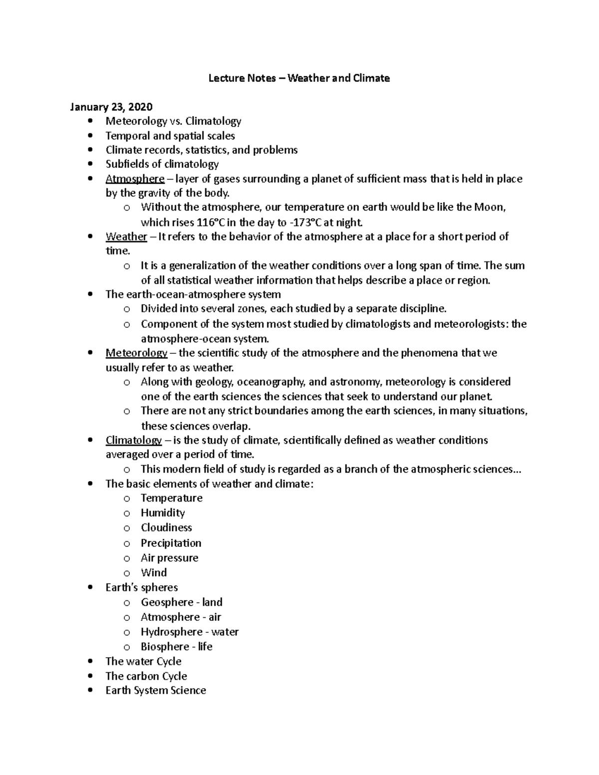 GEP 355 - Lecture Notes - Lecture Notes – Weather and Climate January ...