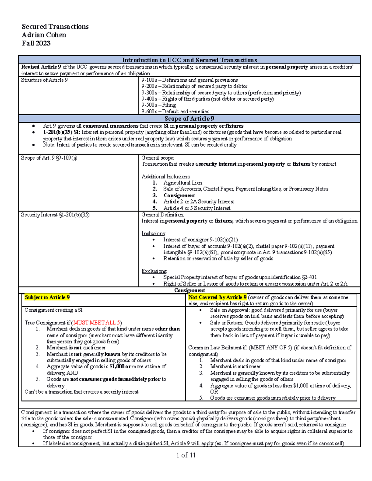 Secured Transaction Cohen 2023 - Secured Transactions Adrian Cohen Fall ...