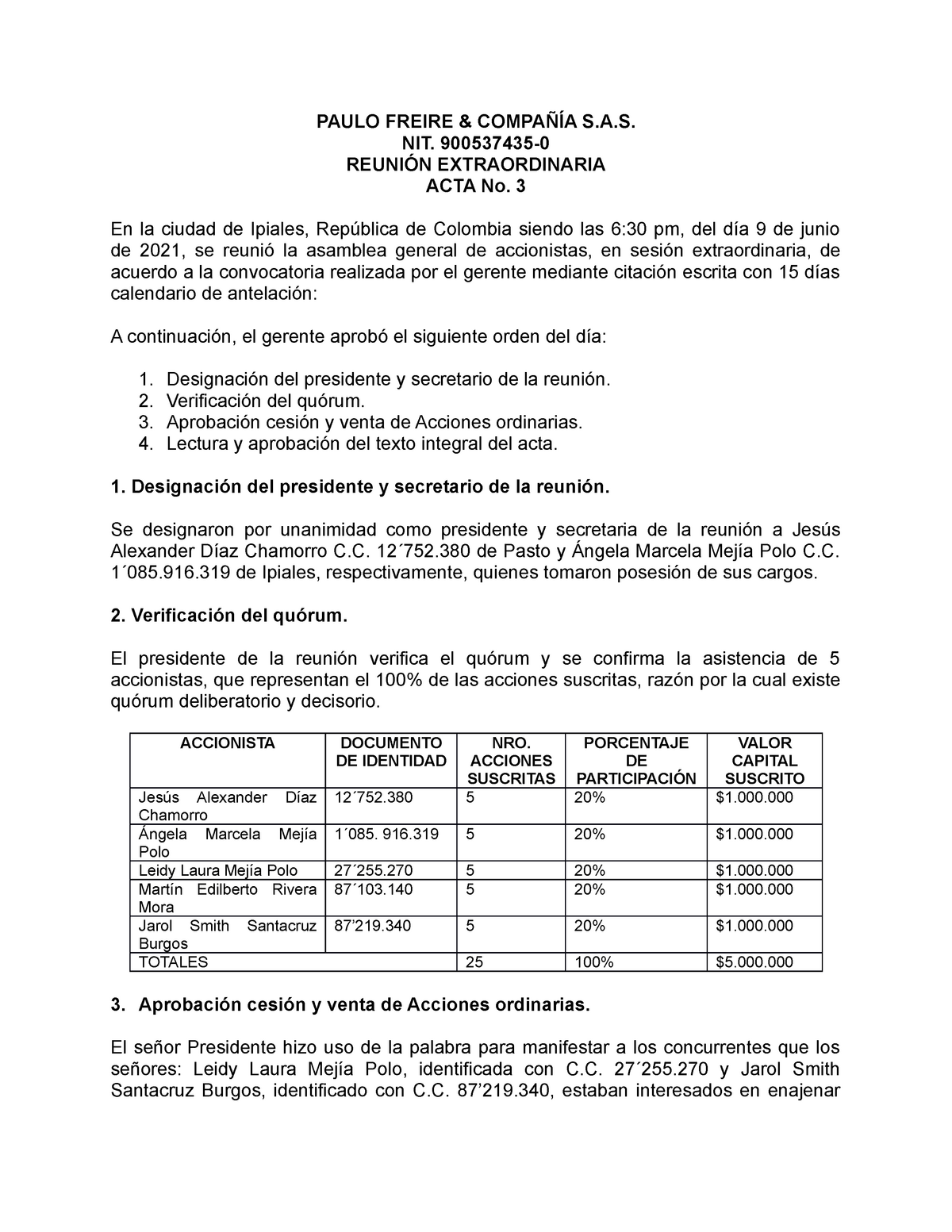 ACTA Cesión DE Acciones Modificada - PAULO FREIRE & COMPAÑÍA . NIT.  900537435- REUNIÓN - Studocu