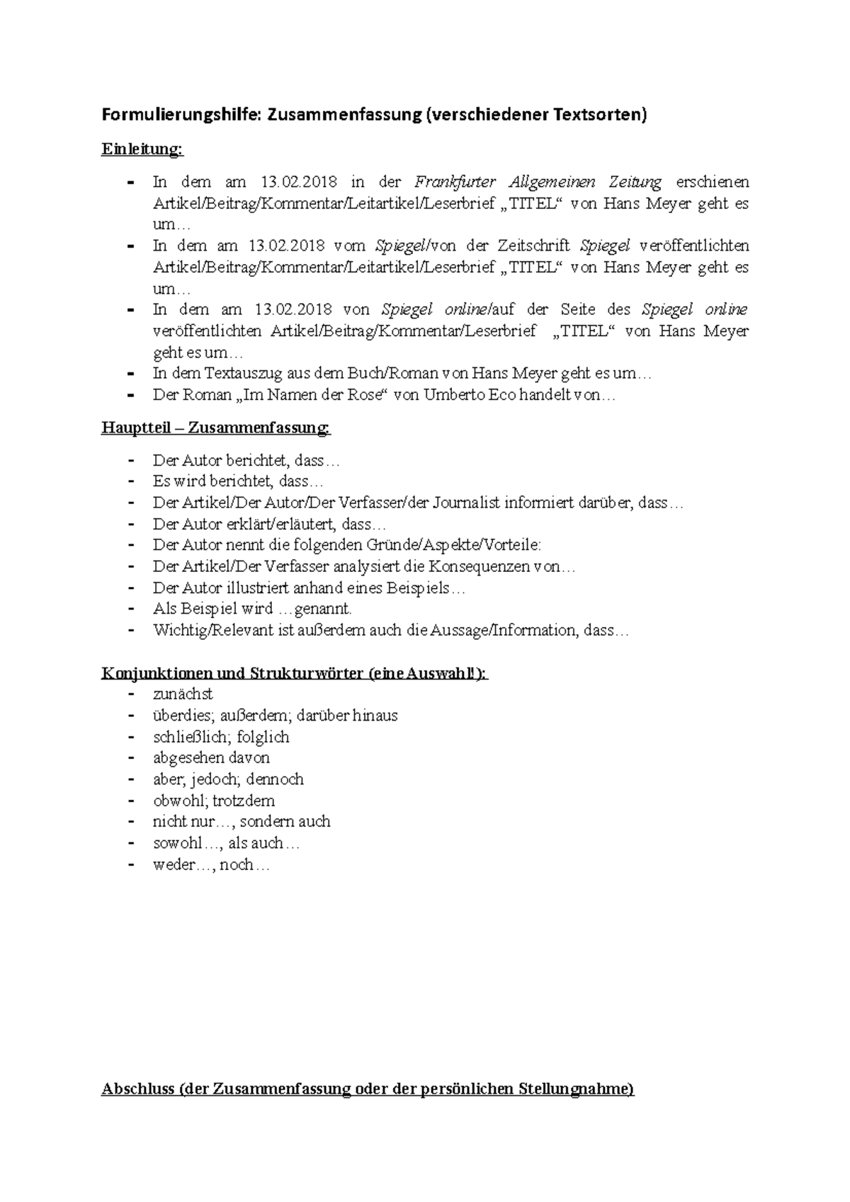 Formulierungshilfe Zusammenfassung - 02 in der Frankfurter Allgemeinen