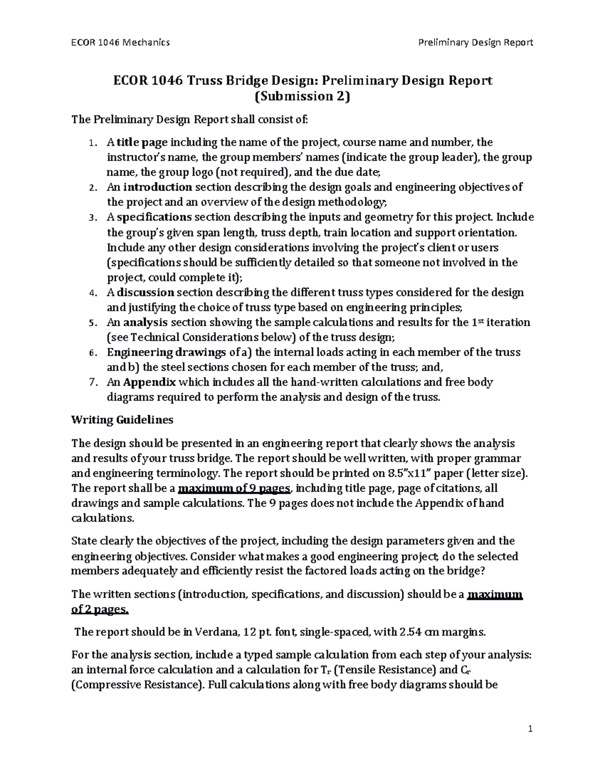 ECOR1046 Submission 2 Info ECOR 1046 Truss Bridge Design Preliminary