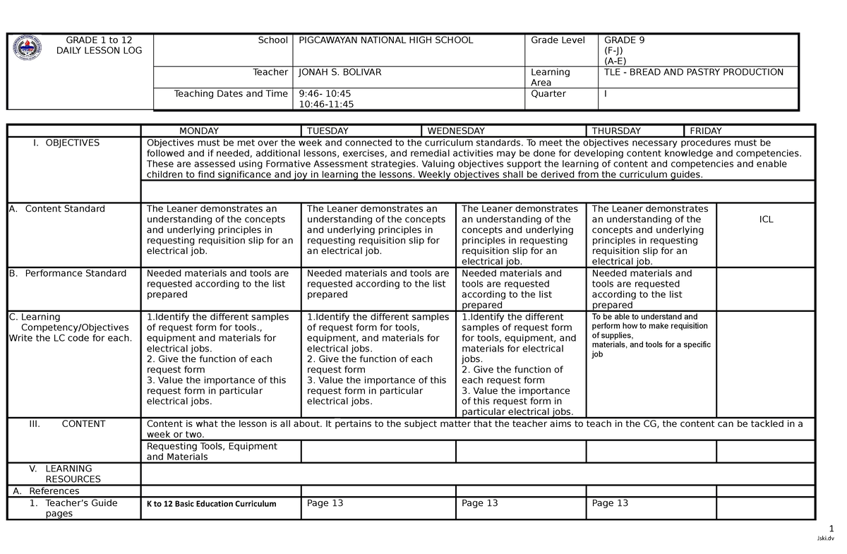 EIM DLL for requesting tools - GRADE 1 to 12 DAILY LESSON LOG School ...