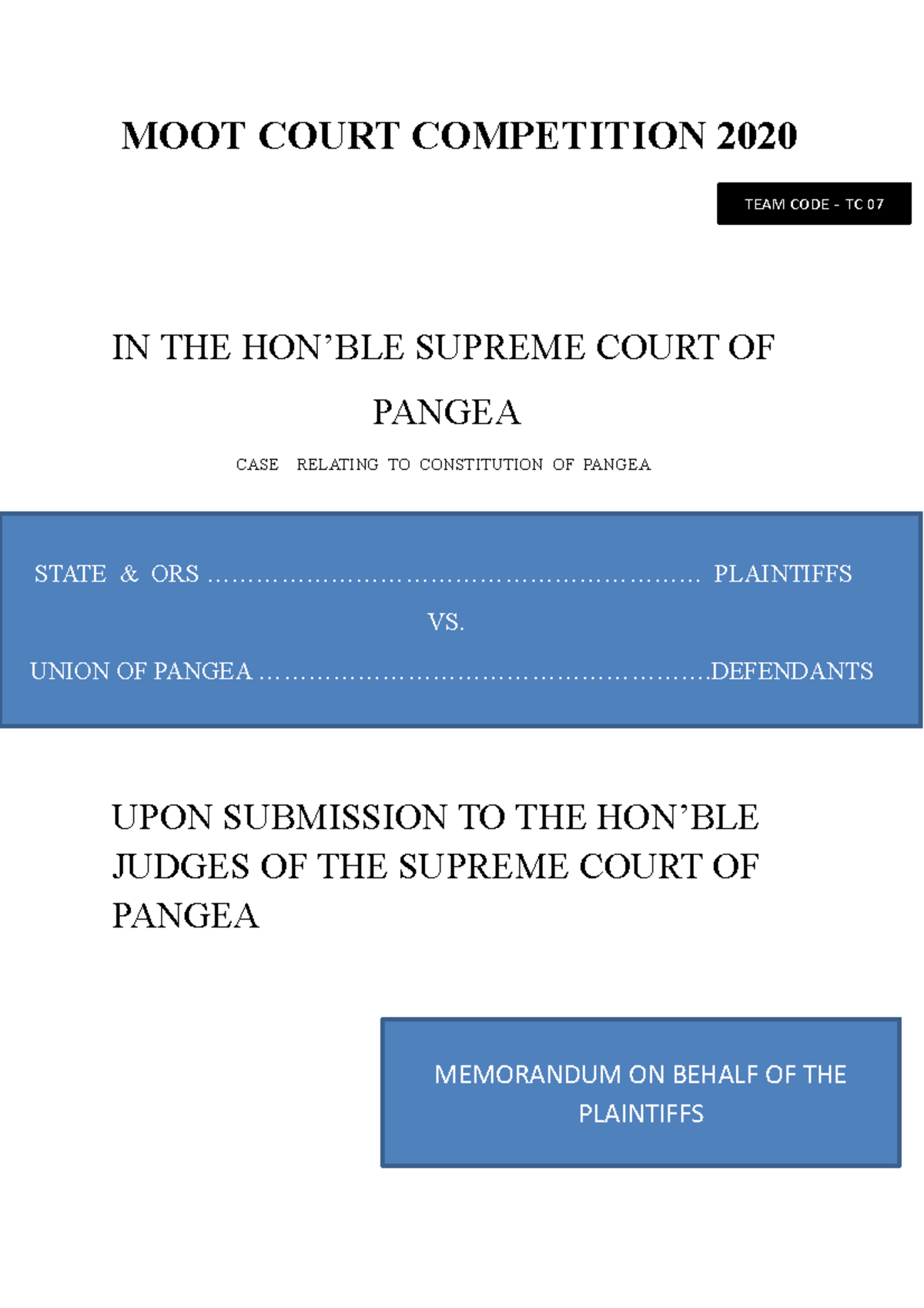 Memorial Sample - MOOT COURT COMPETITION 2020 IN THE HON’BLE SUPREME ...