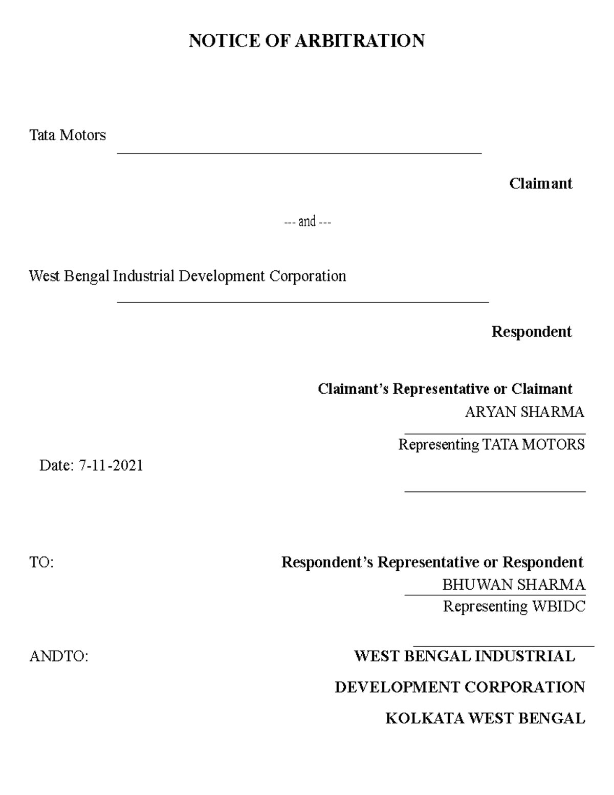 Arbitration case notice, memo and award NOTICE OF ARBITRATION Tata
