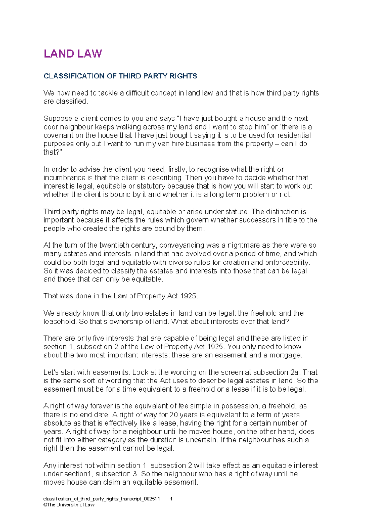 Classification of third party rights transcript 002511 - LAND LAW ...