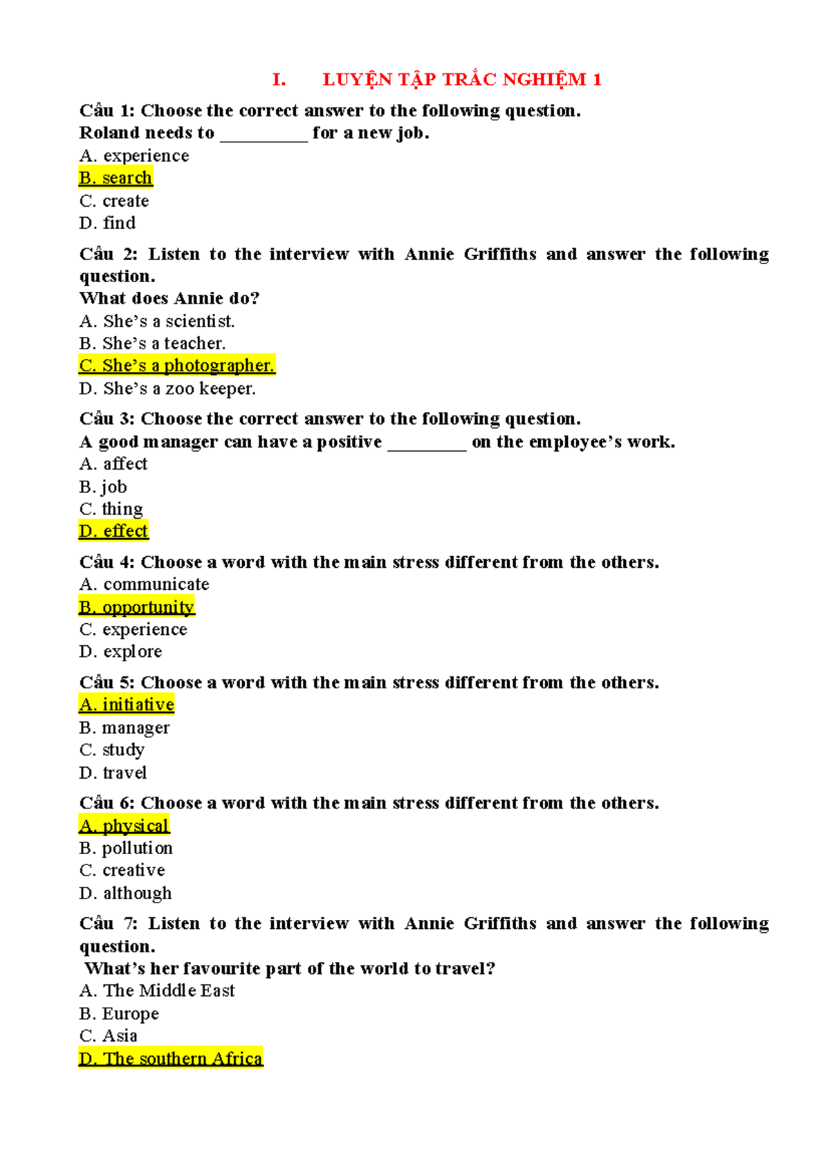 LUYỆN TẬP TRẮC NGHIỆM 1 2 3 Listening and Speaking 1 Nghe nói 1 I LUYỆN TẬP TRẮC NGHIỆM 1