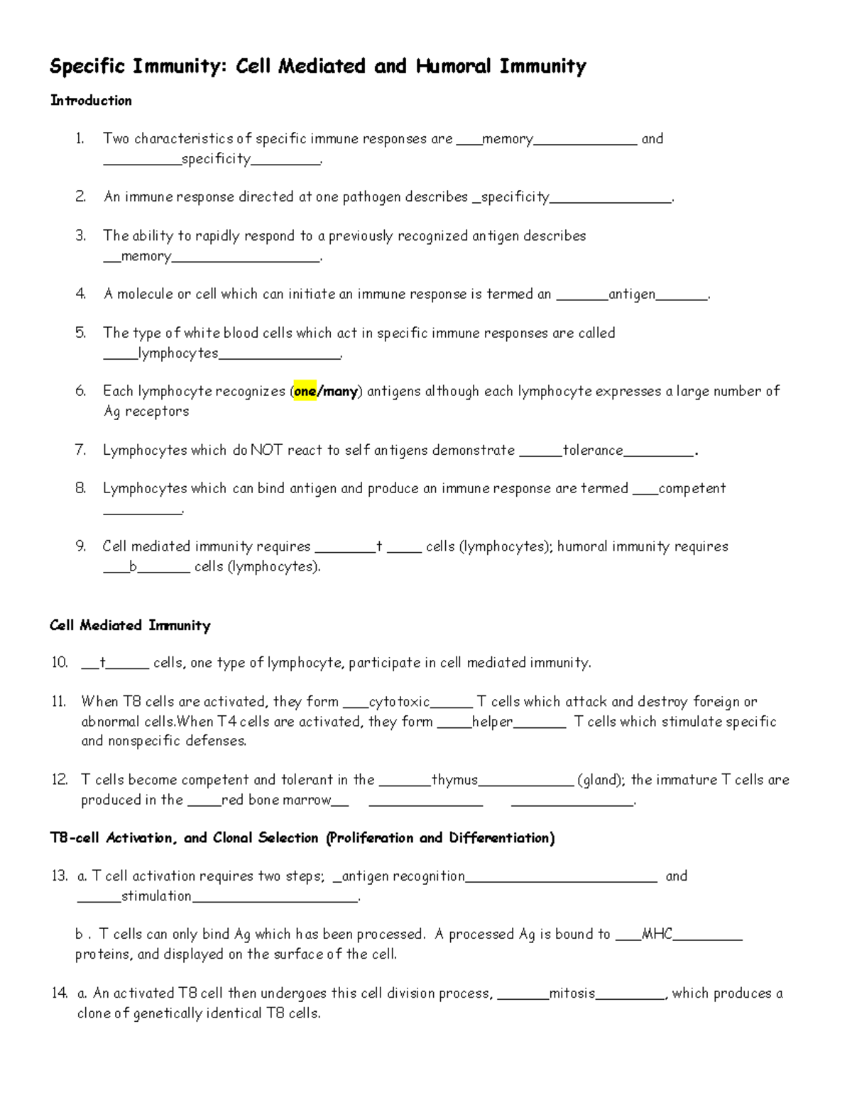 Ch 22 Specific Immunity Worksheet Sp19 - Specific Immunity: Cell 