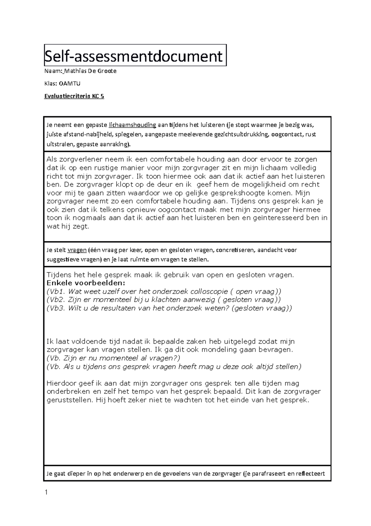 Self-assessment document - Self-assessmentdocument Naam: Mathias De ...