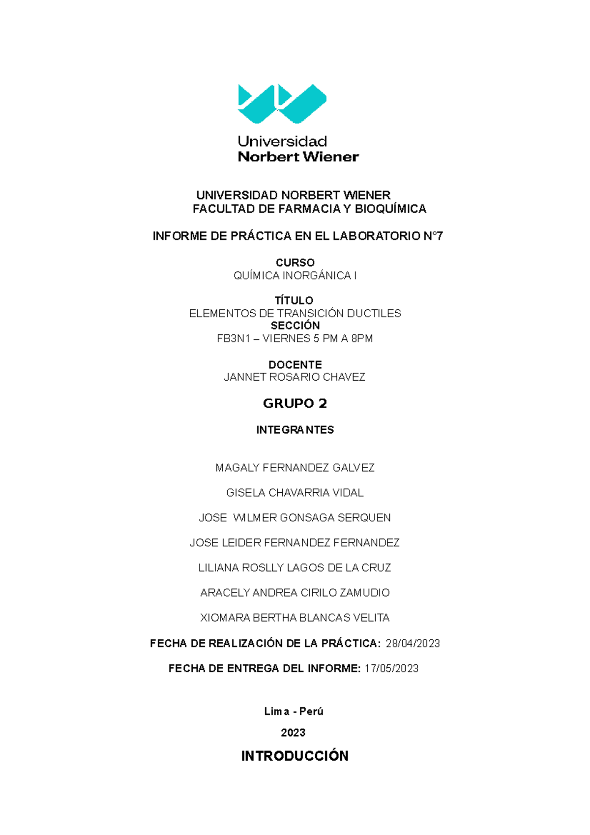 Informe 7 (16-05) - UNIVERSIDAD NORBERT WIENER FACULTAD DE FARMACIA Y ...