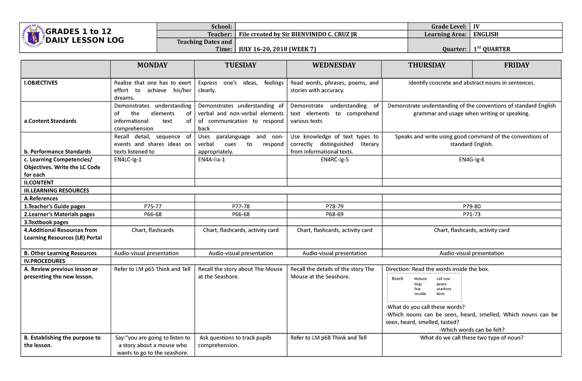 DLL English 4 Q1 W7 - None - GRADES 1 to 12 DAILY LESSON LOG School ...