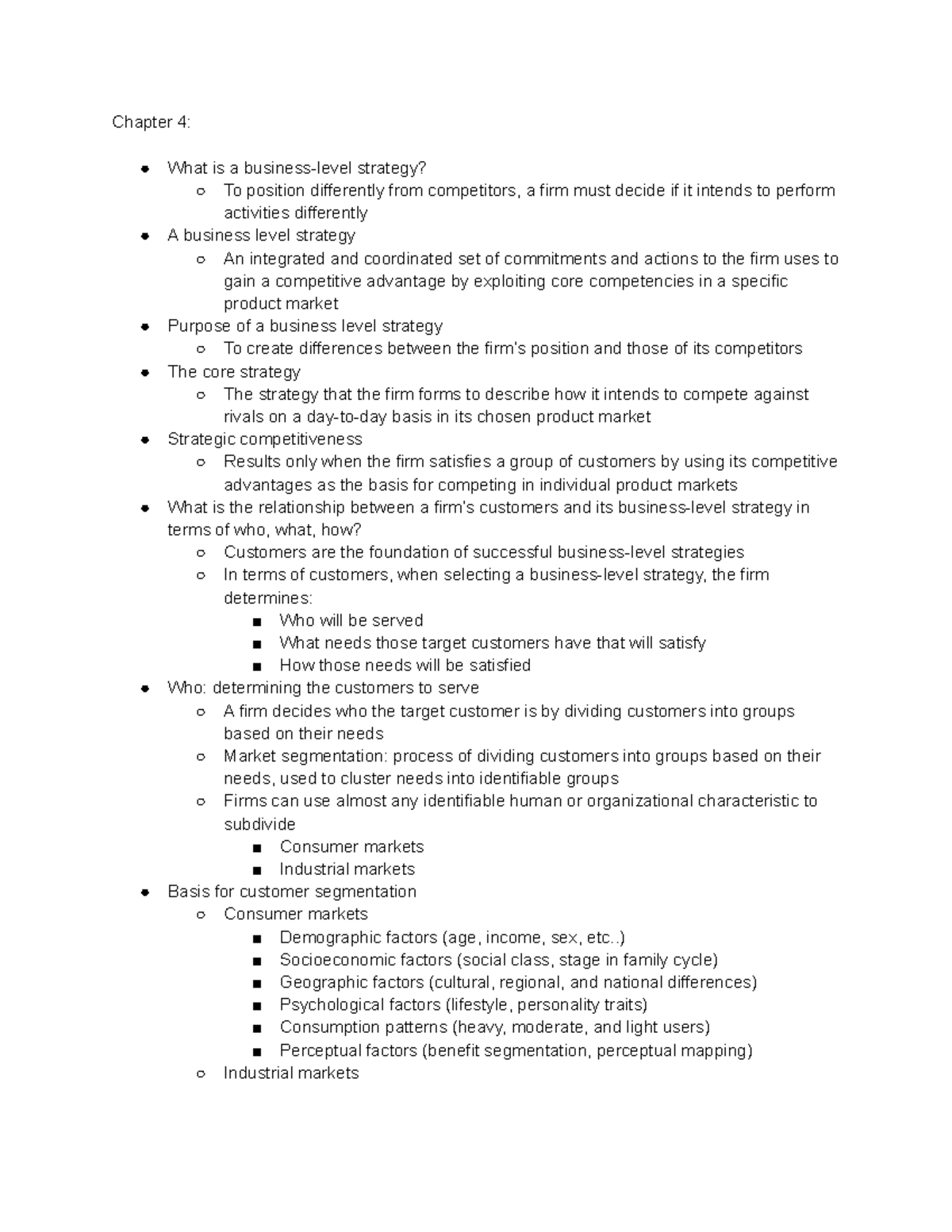 MAN4720 Chapter 4 - Chapter 4: What is a business-level strategy? To ...