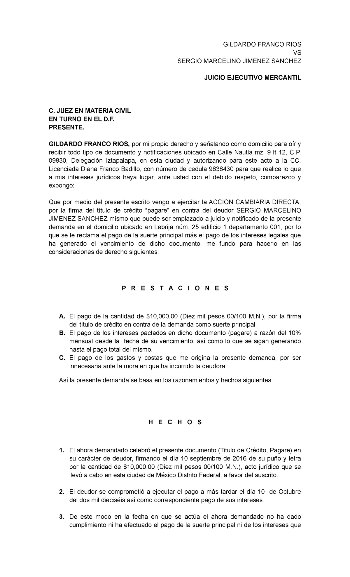 Juicio Ejecutivo Mercantil Yadira - GILDARDO FRANCO RIOS VS SERGIO ...