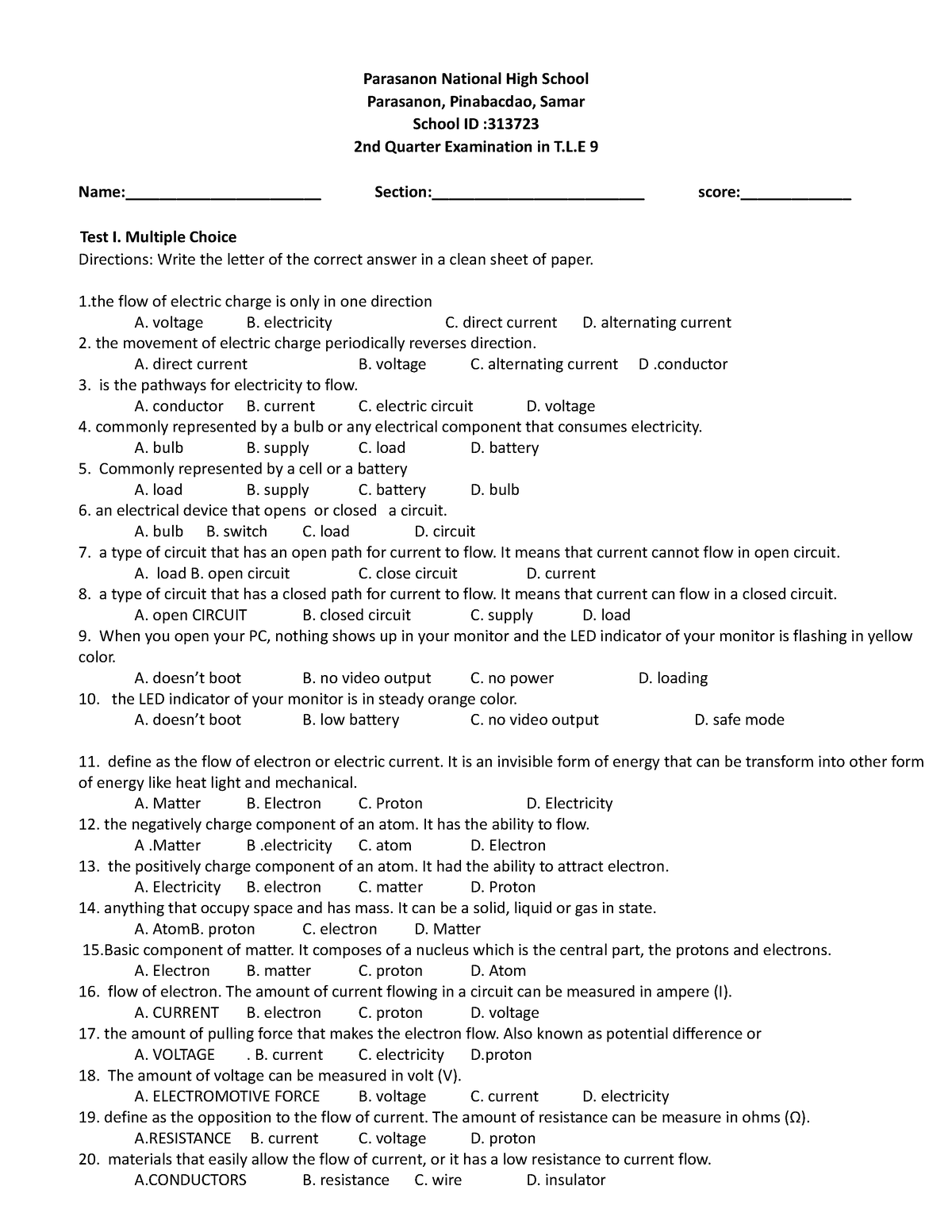 2nd G9-exam - 123456 - Parasanon National High School Parasanon ...