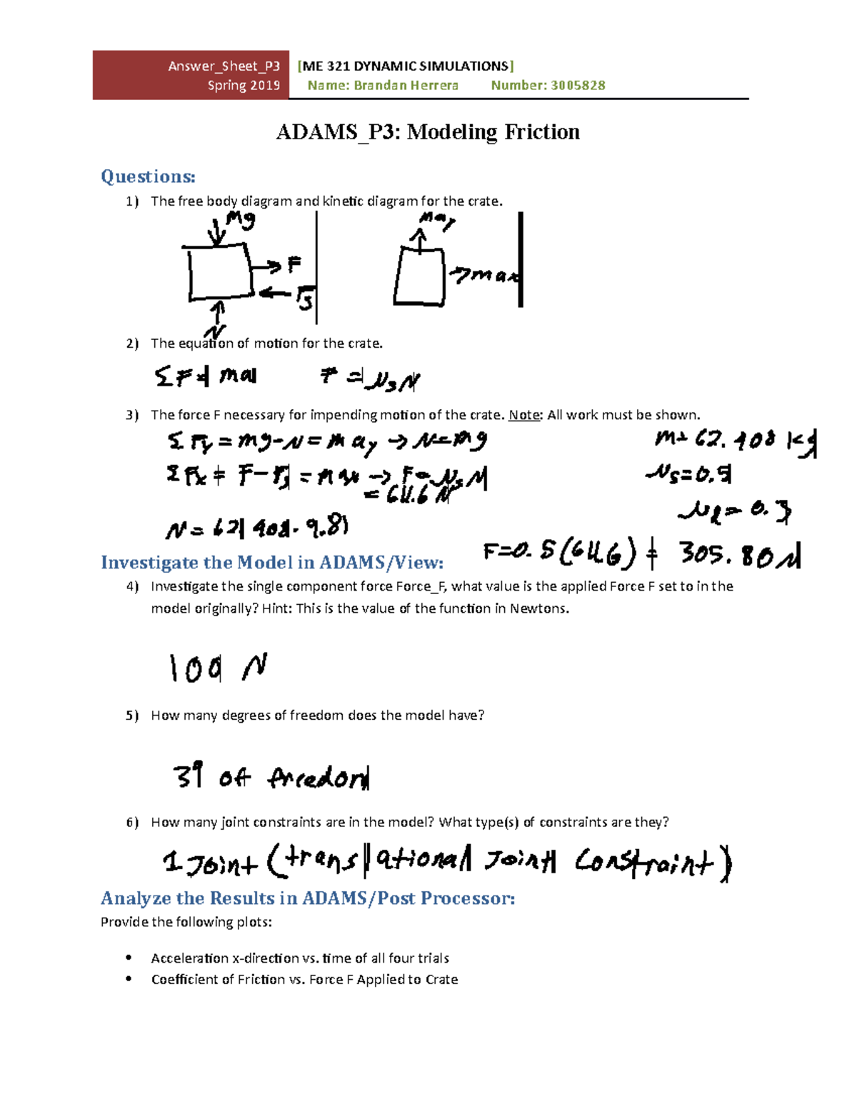 Answer Sheet P3 - Dynamics Lab Project 3 - Answer_Sheet_P Spring 2019 ...