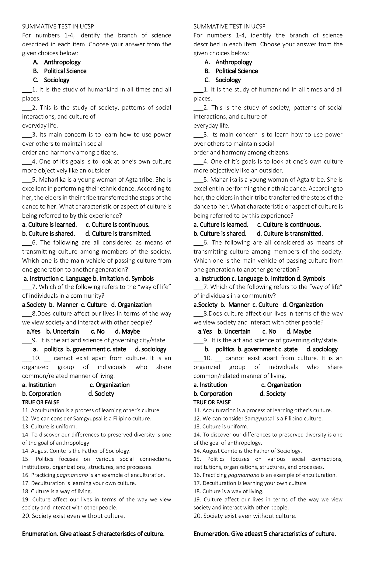 Summative Test In Ucsp 1st Summative Test In Ucsp For Numbers 1 4 Identify The Branch Of 9595