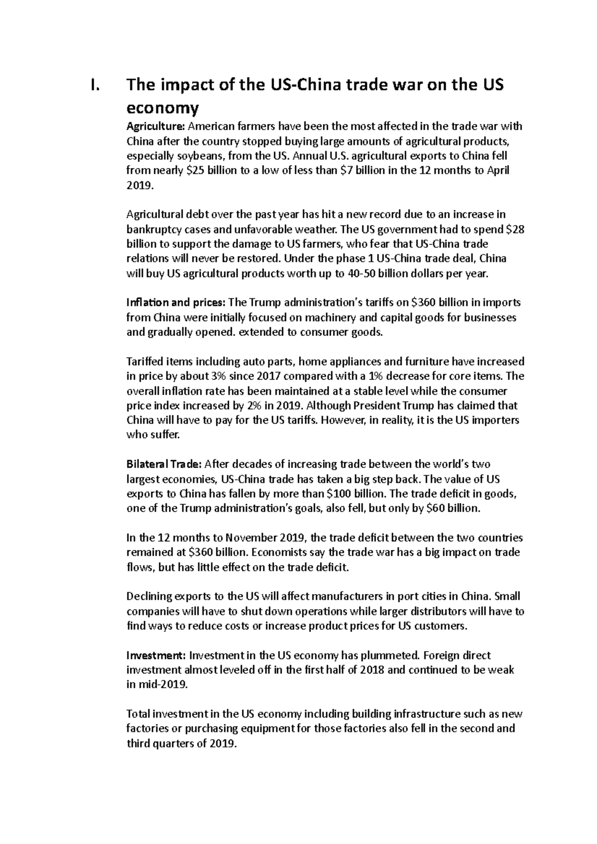 The impact of the US - ethics - I. The impact of the US-China trade war ...