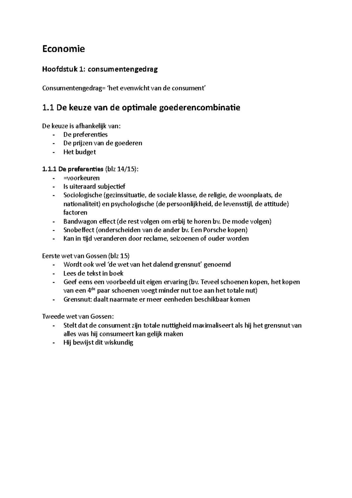 Economie Samenvatting - Economie Hoofdstuk 1: Consumentengedrag ...