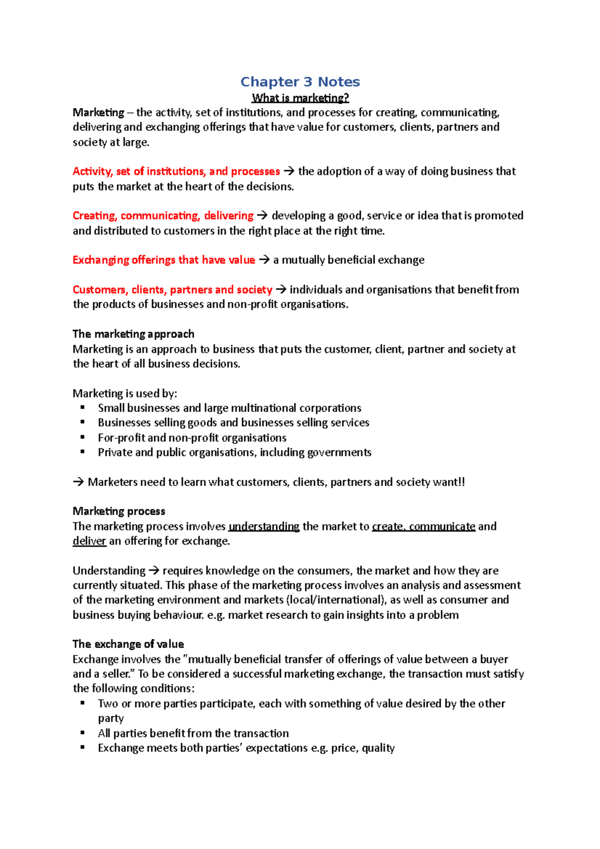 Chapter 3 Notes - Chapter 3 Notes What is marketing? Marketing – the ...