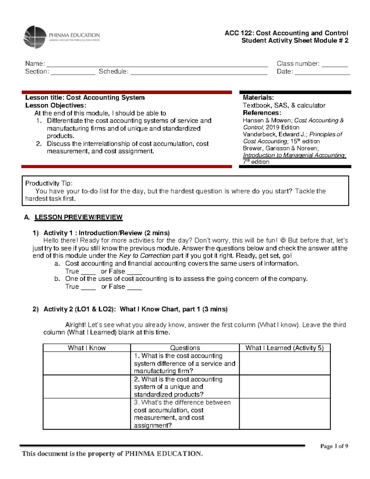 ACC 122 SAS DAY 2 - Lecture notes 2 - Student Activity Sheet Module # 2 ...