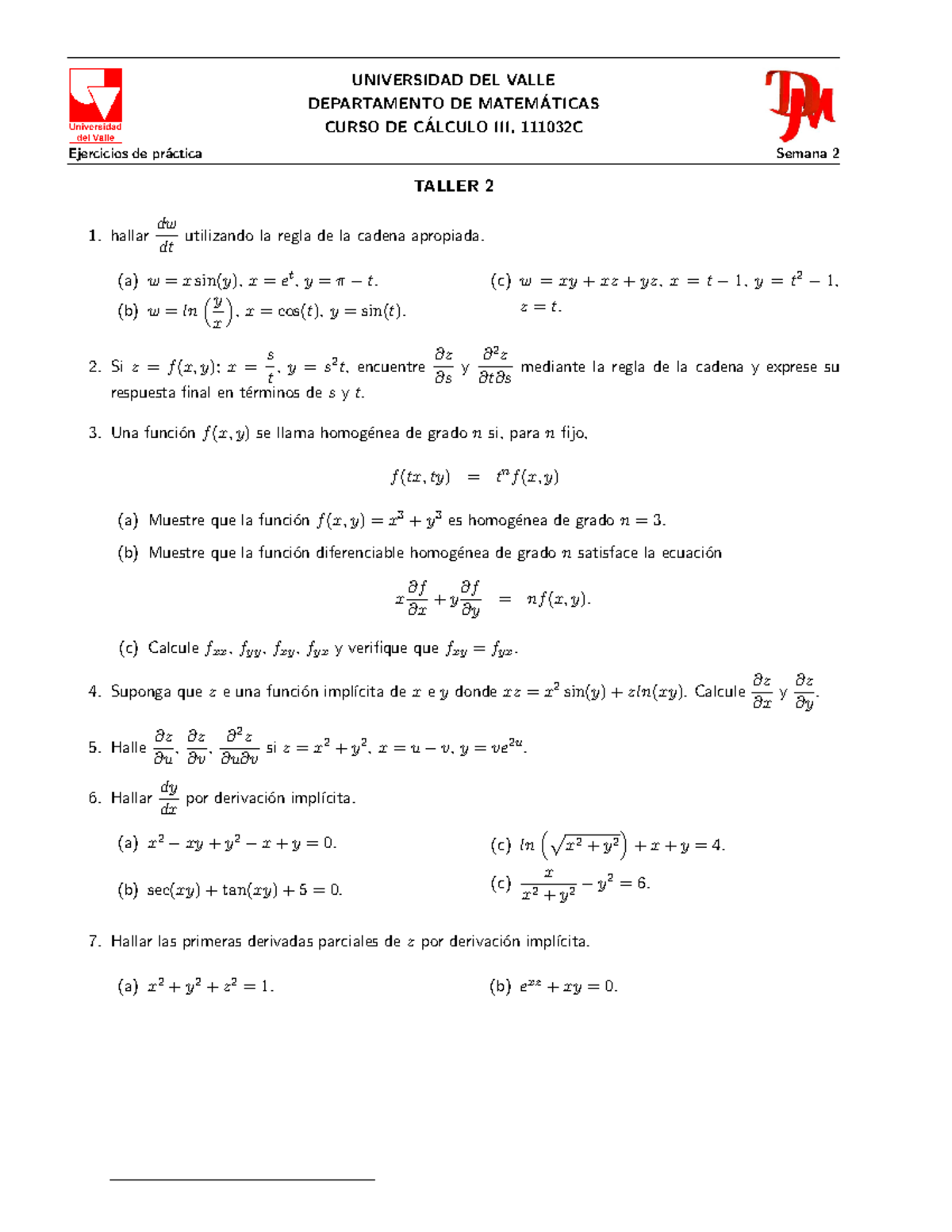 Taller 2 Universidad Del Valle Departamento De Matem ́aticas Curso De C ́alculo Iii 111032c 1702