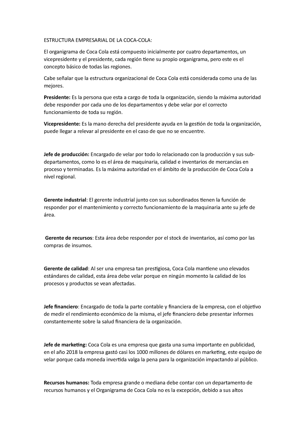 Estructura Empresarial DE LA COCA  ESTRUCTURA EMPRESARIAL DE LA COCA