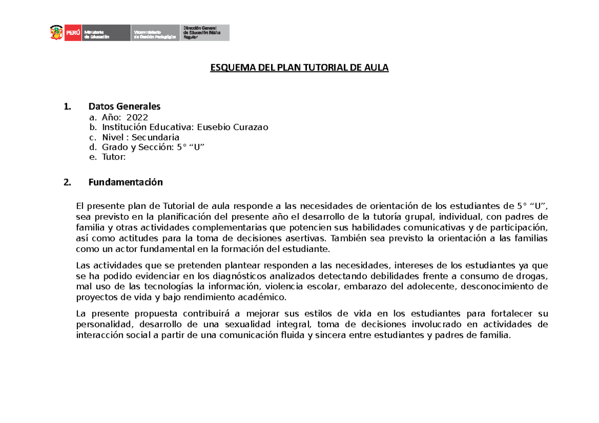 PLAN- Tutorial-DE-AULA - ESQUEMA DEL PLAN TUTORIAL DE AULA 1. Datos ...