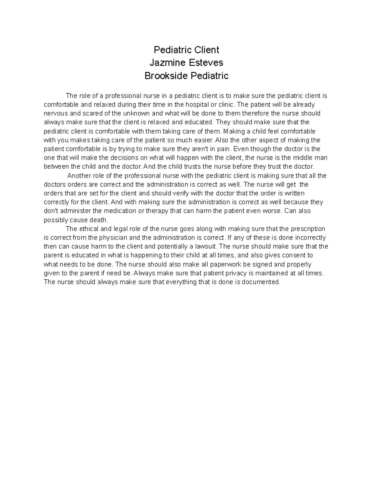 Pediatric Client - peds - Pediatric Client Jazmine Esteves Brookside ...