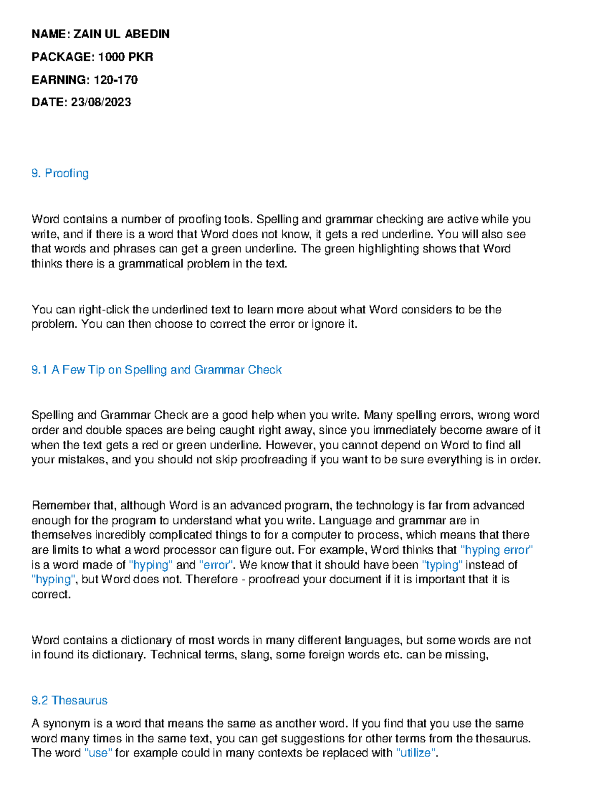 Assignment - DDD - NAME: ZAIN UL ABEDIN PACKAGE: 1000 PKR EARNING: 120 ...