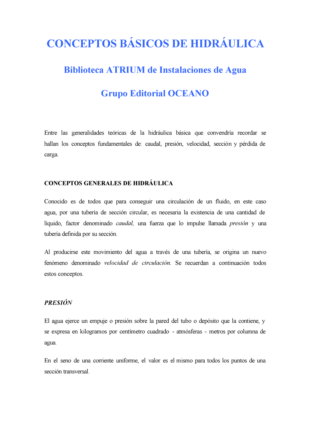 Hidraulica - PDF - CONCEPTOS B¡SICOS DE HIDR¡ULICA Biblioteca ATRIUM De ...