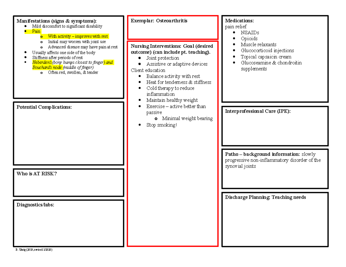 Osteoarthritis Exemplar template - B. Uhrig (2019, revised 1/2020 ...