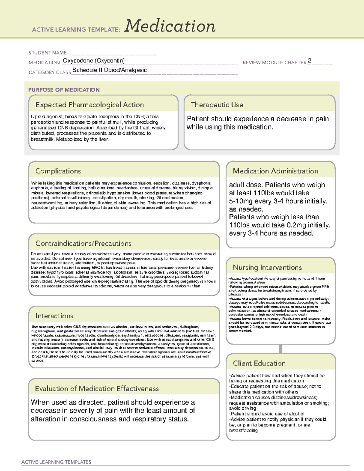 Oxycodone - med sheet - ACTIVE LEARNING TEMPLATES Medication STUDENT ...