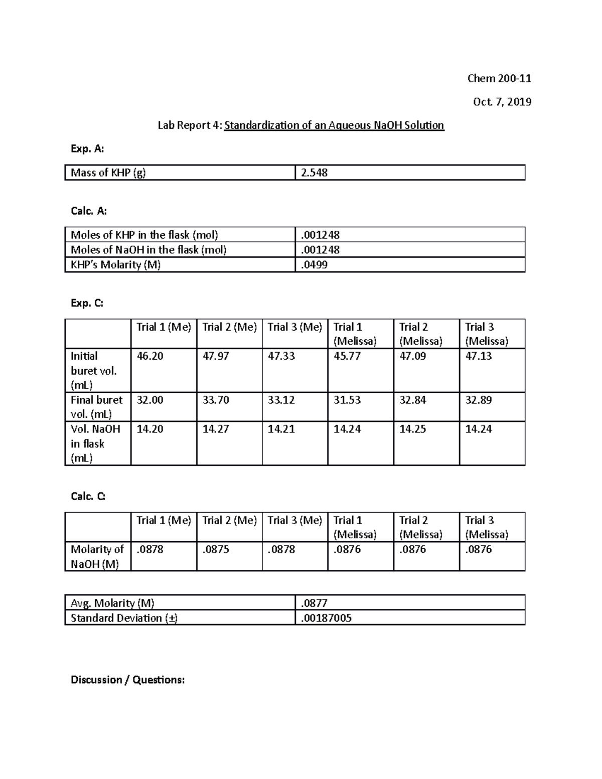 Chem200 lab report 4 - Chem 200- Oct. 7, 2019 Lab Report 4 ...