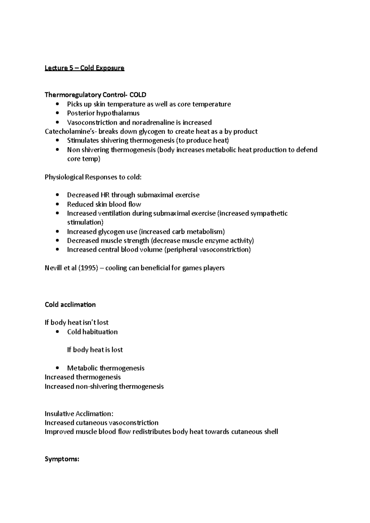 Lecture 5 – Cold Exposure - Lecture 5 – Cold Exposure Thermoregulatory ...