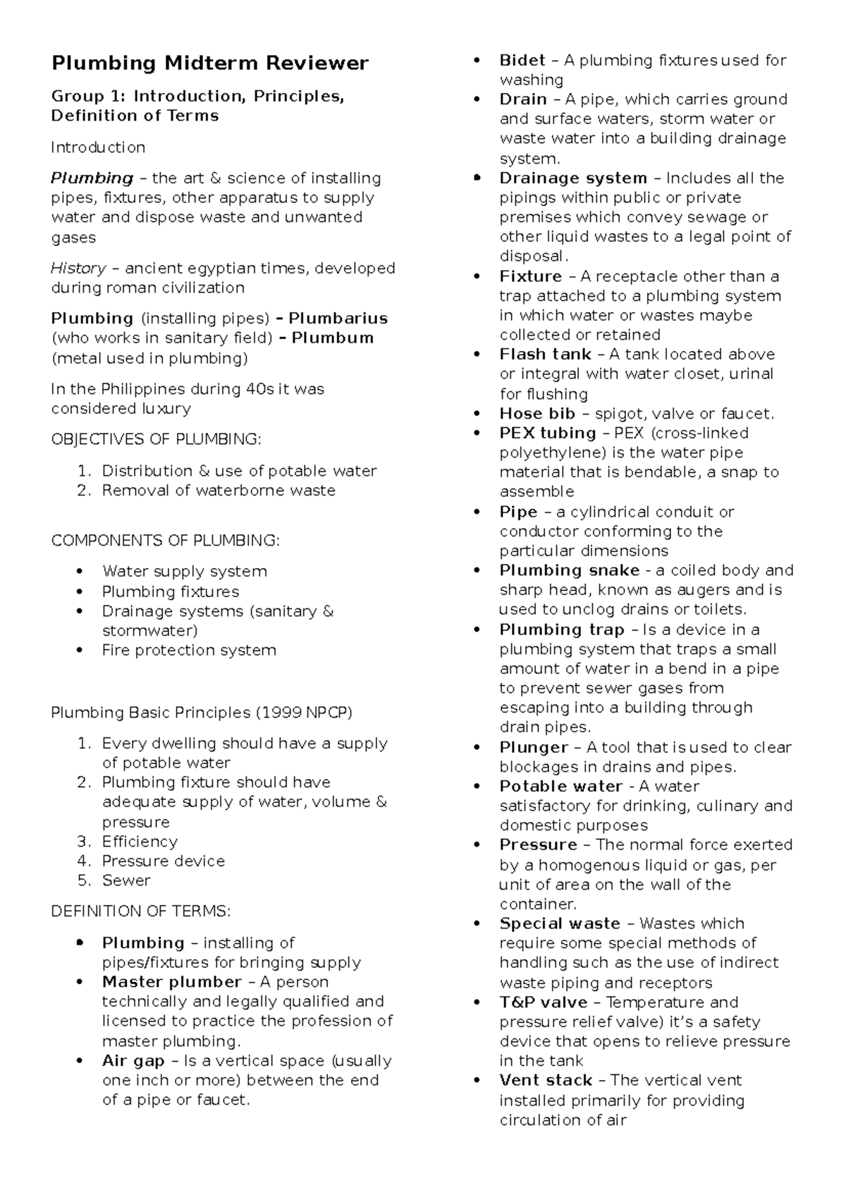 Plumbing- Midterm- Reviewer - Plumbing Midterm Reviewer Group 1 ...