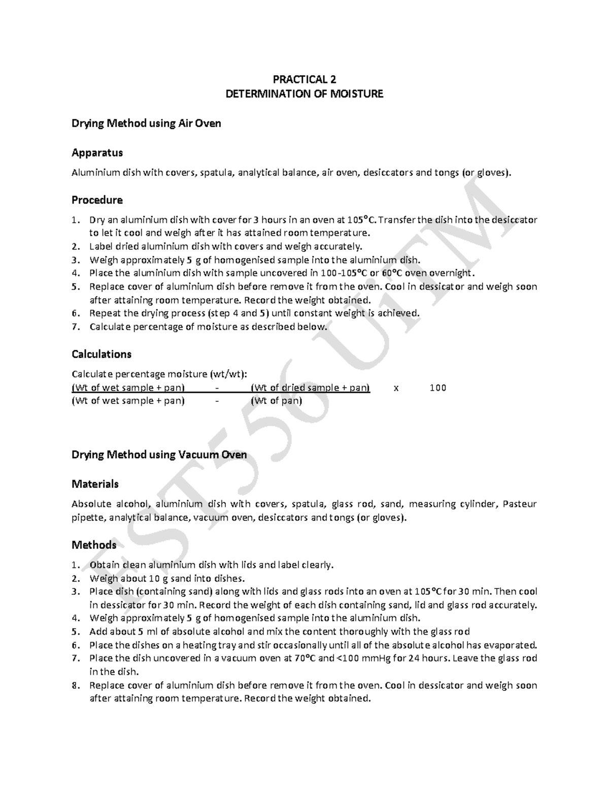 Manual Practical 2 Moisture PRACTICAL 2 DETERMINATION OF MOISTURE