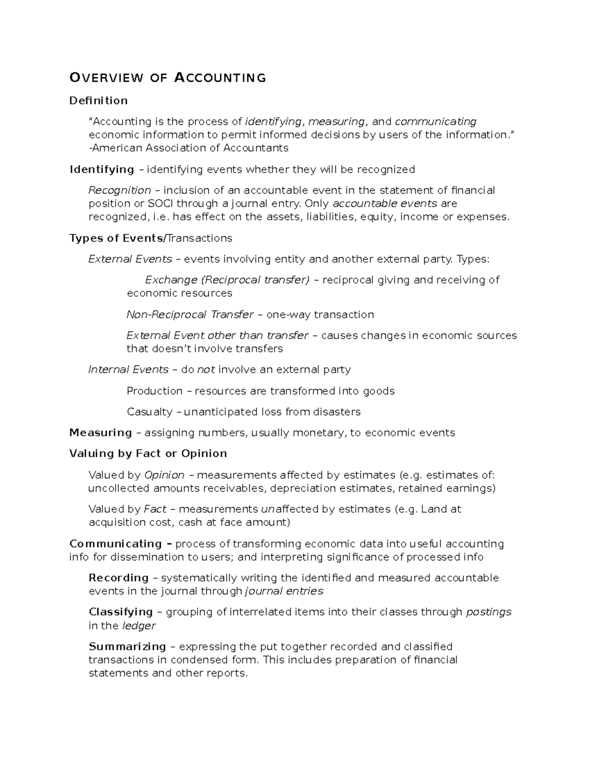 Overview of Accounting - O VERVIEW OF A CCOUNTING Definition is the ...