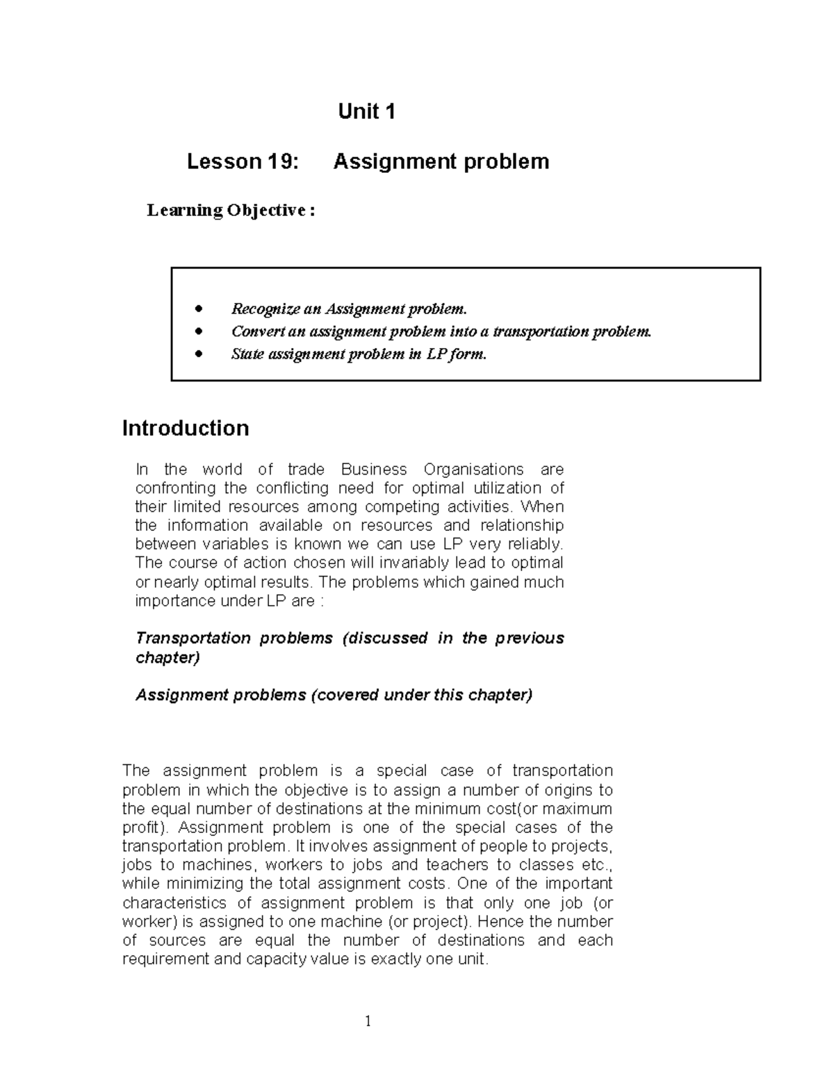 Lesson 19Assignment Problem - Unit 1 Lesson 19: Assignment Problem ...