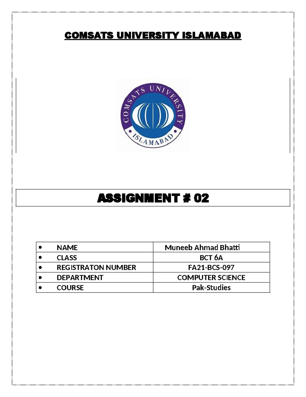 Assign # 02 - ffrg - COMSATS UNIVERSITY ISLAMABAD ASSIGNMENT # 02 NAME ...