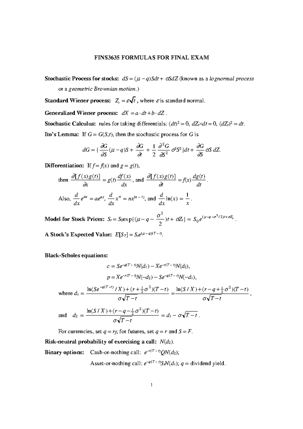 Formulas 2 3635 Corrected 17 Fins3635 Options Futures And Risk Studocu