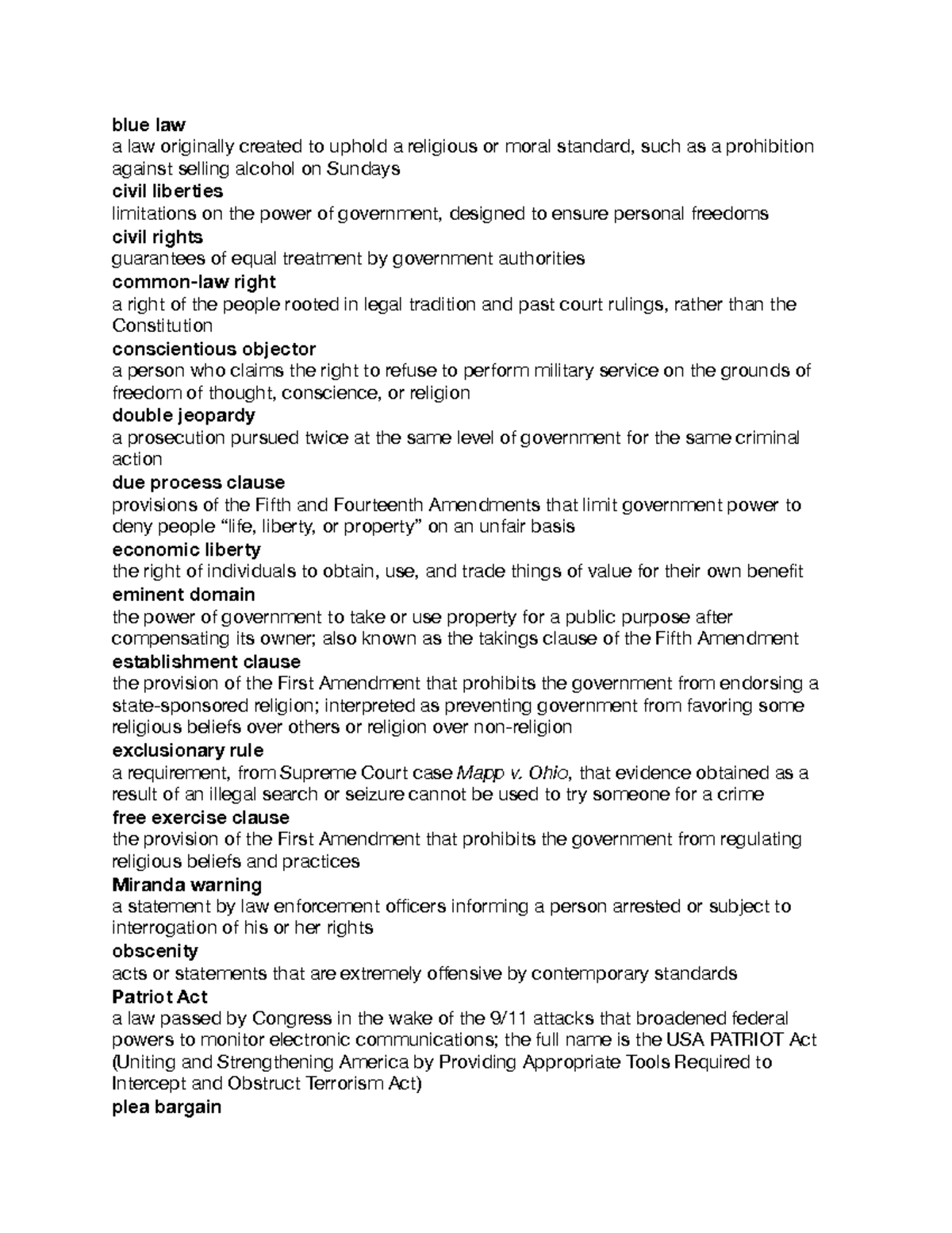 Chapter 4 Constitution and Bill of Rights blue law a law originally