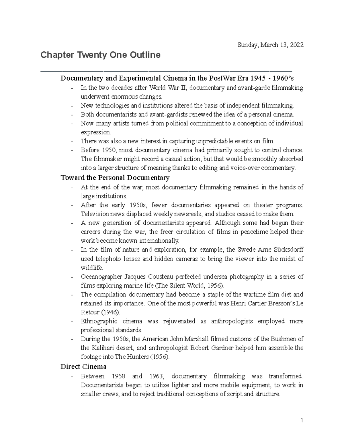 Chapter Twenty One Outline Cinema - Sunday, March 13, 2022 Chapter ...
