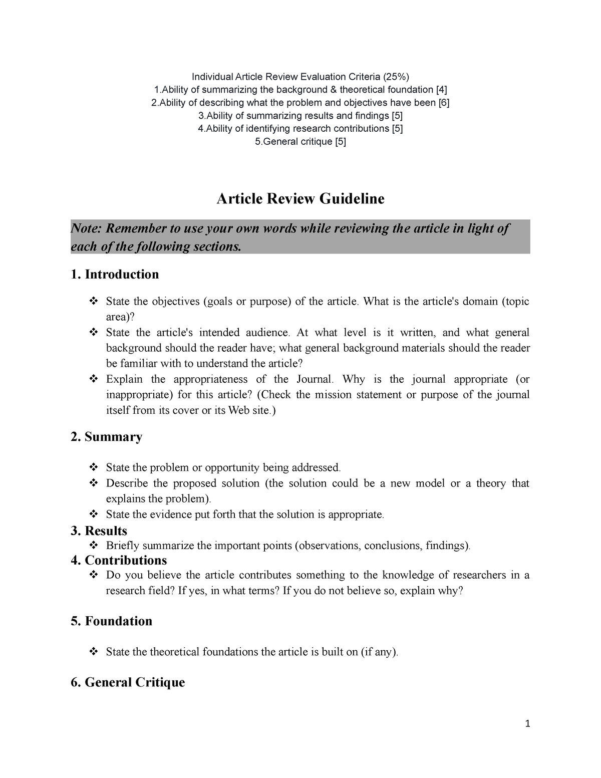 article review evaluation criteria