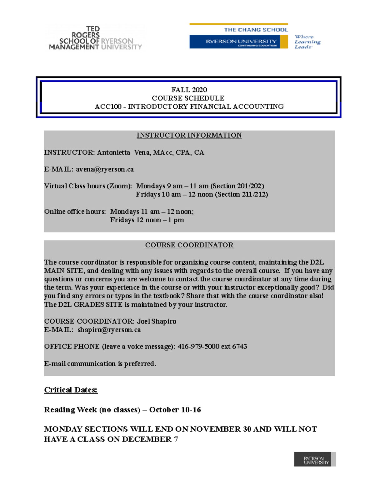 ACC100 - Course Schedule - Fall 2020 - Vena - FALL 2020 COURSE SCHEDULE ...