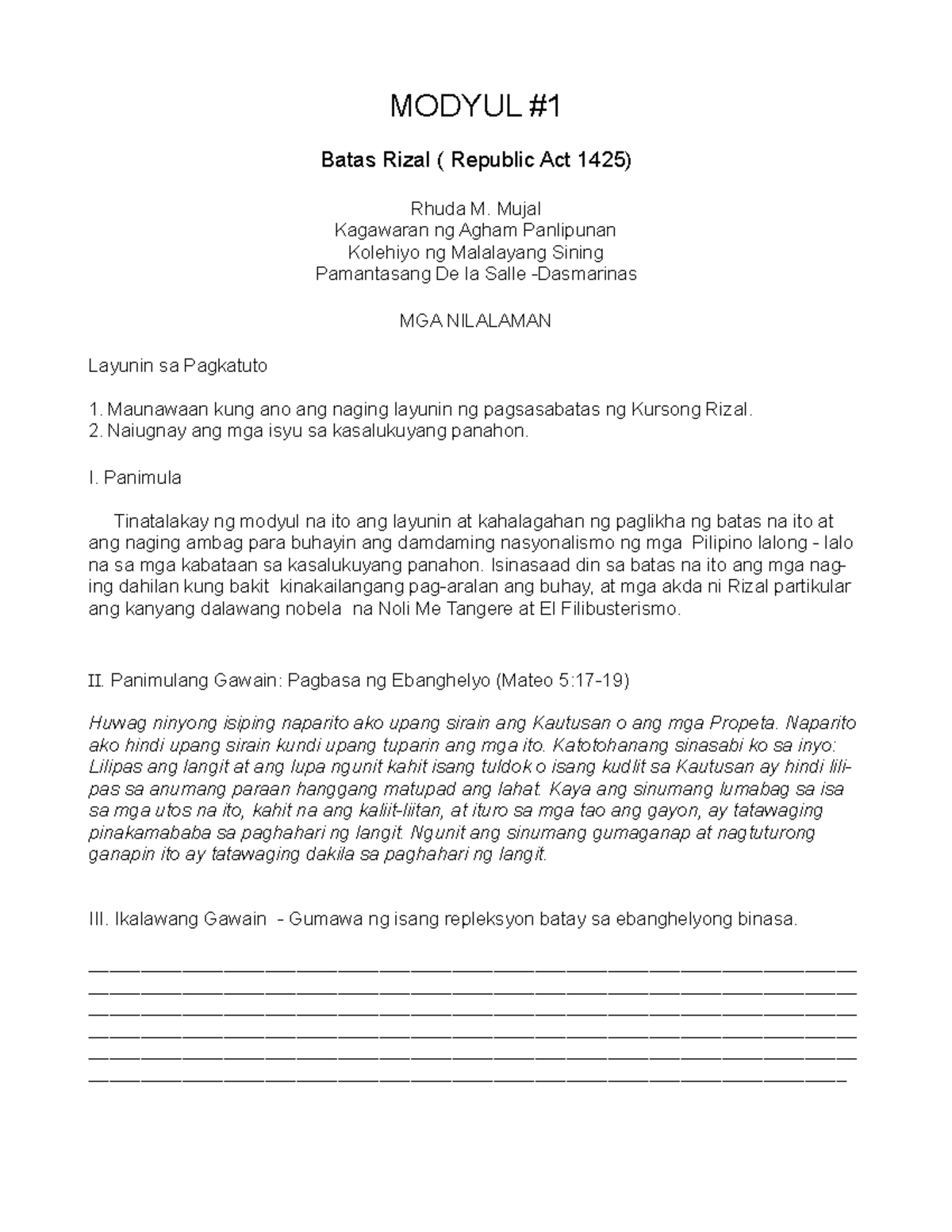 Modyul sa Batas Rizal - MODYUL Batas Rizal ( Republic Act 1425) Rhuda M ...