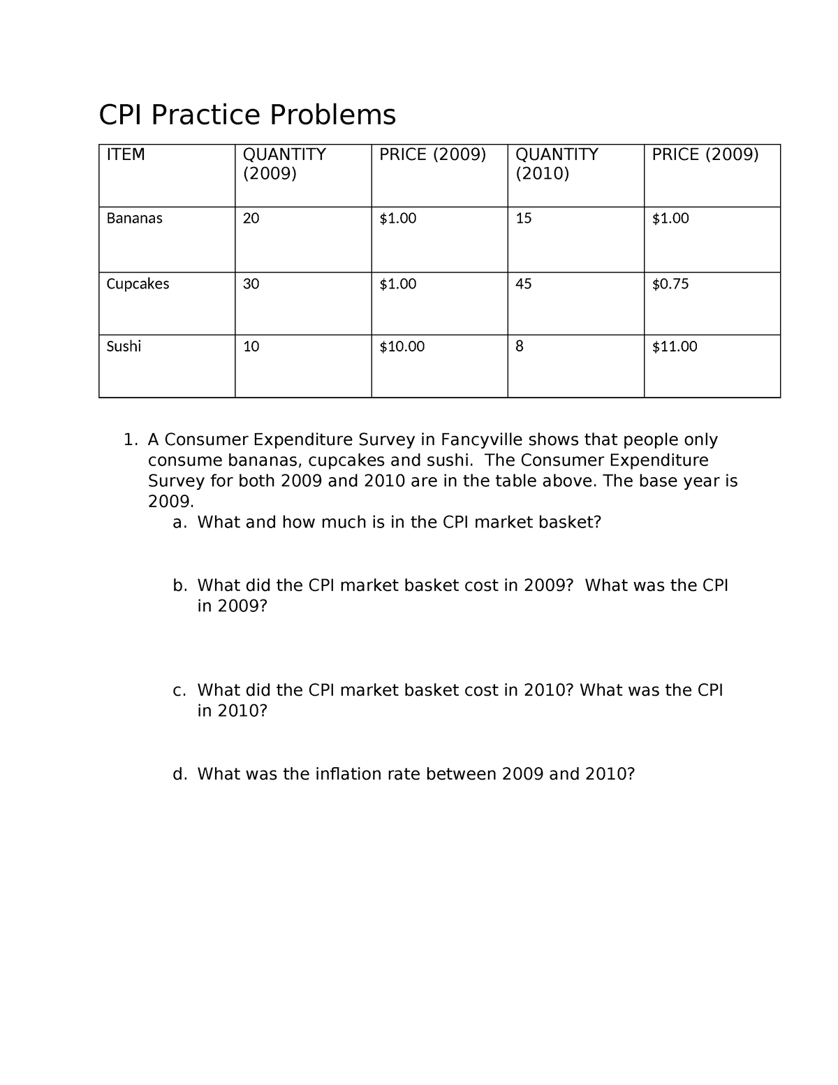 Cpi Practice Problems Cpi Practice Problems Item Quantity Price Quantity