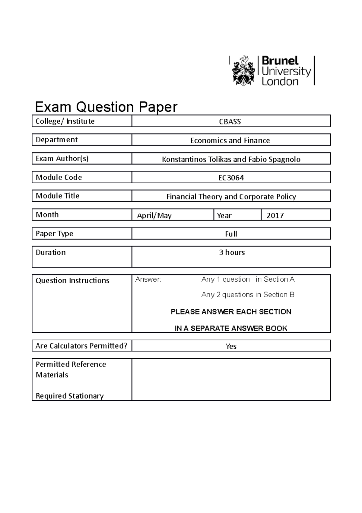 Exam May 2017 - Exam Question Paper College/ Institute CBASS Department ...
