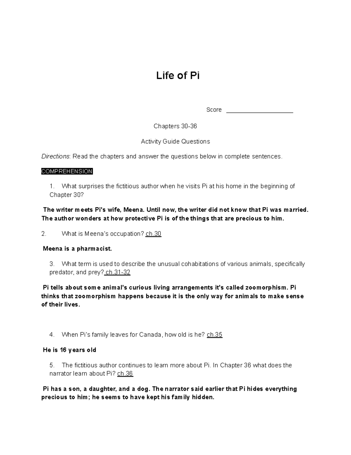 Life of Pi Chapter 3036 questions Life of Pi Score