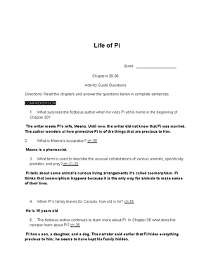 Questions to Accompany the Movie Life of Pi End of the Year Activity